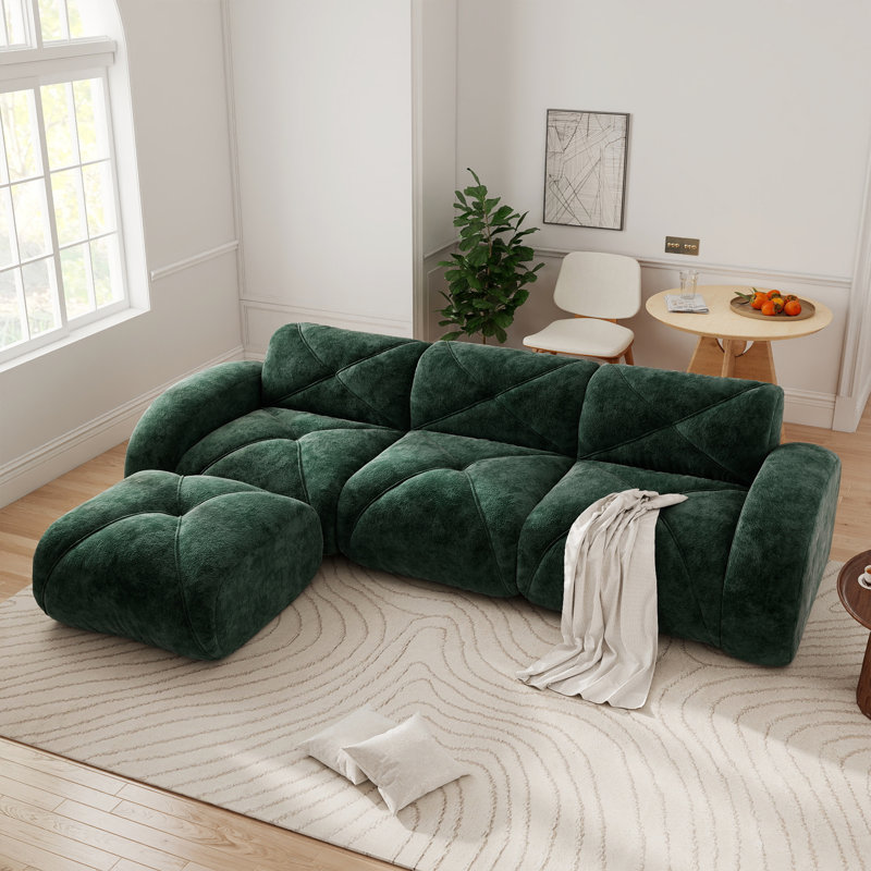 110.8" Upholstered L-Shaped Boneless Sectional With Ottoman, Green Velvet