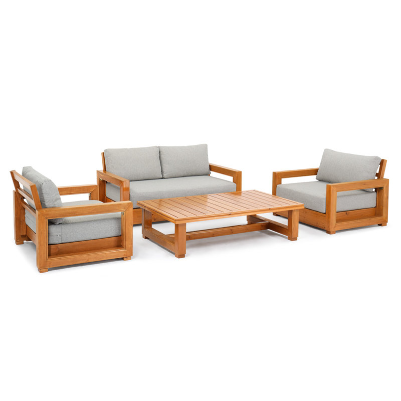 4-Piece Outdoor Patio Conversation Set With Solid Fir Wood Frame And Water-Repellent Cushions, Gray