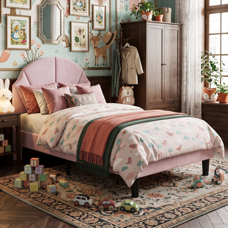 UK & EU Kids Velvet Bed Frame, Scalloped Shell Upholstery Bed with Height-Adjustable Headboard, Beige/Pink, Single (3'), Pink