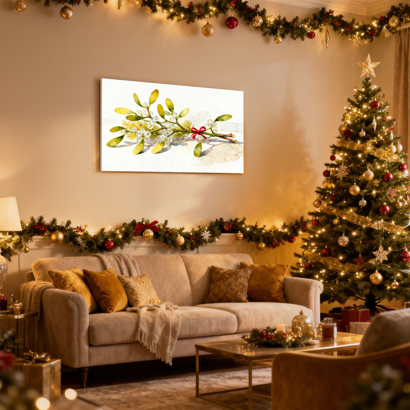 Ensemble de 3 impressions sur toile, branche de Noël avec arc rouge et baies blanches, H 16 po x l 24 po