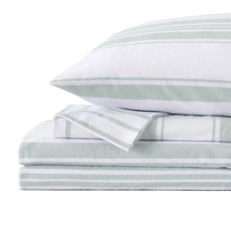 100% Cotton Heavy Flannel Sheet Set, Queen Sheet Set with 2 Pillowcases, Soft Gray Striped