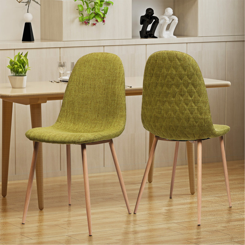 Chaise rembourrée en tissu Mid-Century avec pieds en métal au fini noyer clair (ensemble de 2), vert