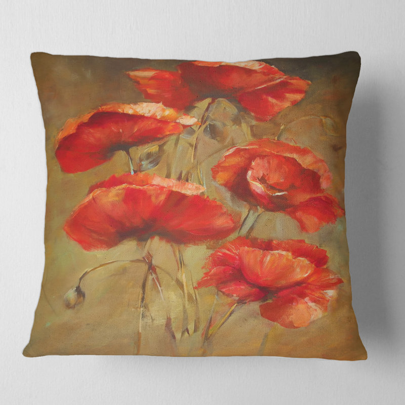 Coquelicots rétro I - coussin traditionnel imprimé, 16" x 16"