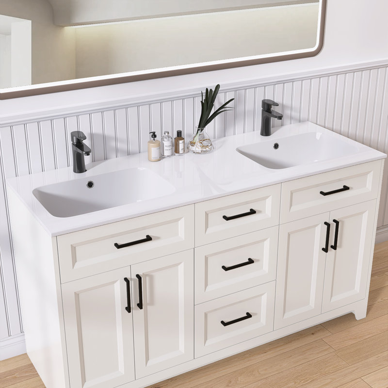 Ensemble de meuble-lavabo autoportant avec meuble-lavabo autoportant en bois avec surface solide et tiroirs Aagna, Blanc