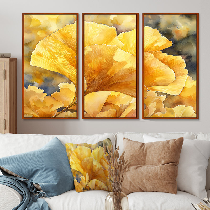 Golden Ginkgo Leaf II - feuilles, art mural - ensemble de 3, Brun, Impression encadrée sans passe-partout, H 32 po x l 48 po