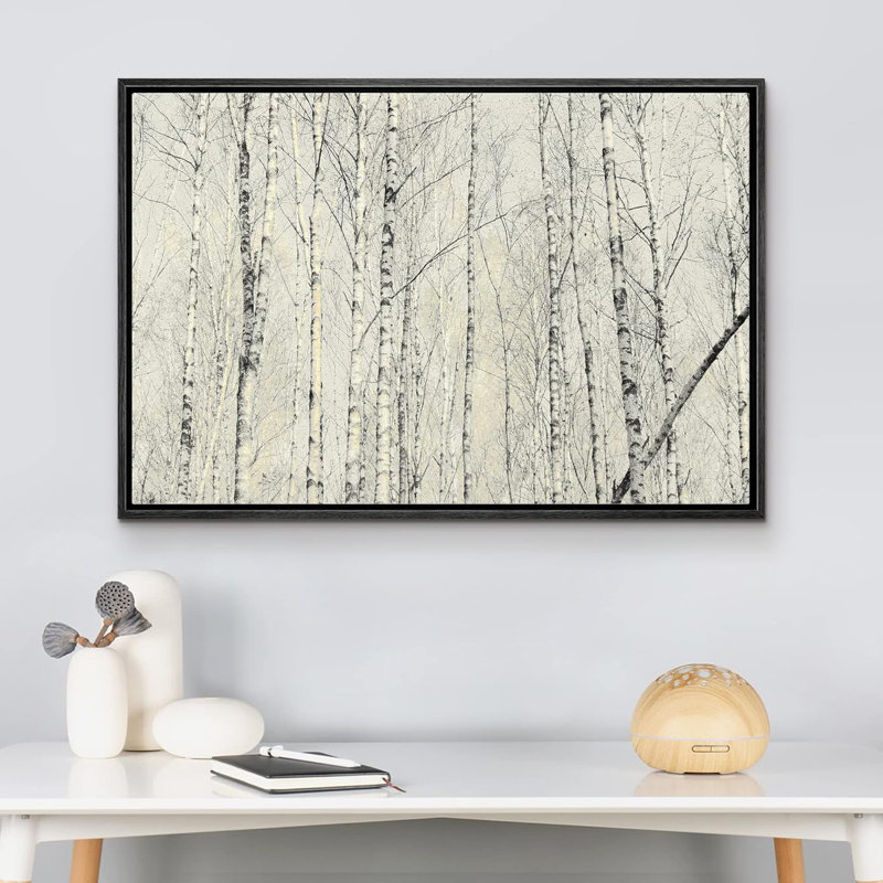 Collage de bouleau blanc, forêt, nature sauvage, technique mixte, paysage rustique, H 16 po x l 24 po, Cadre flottant noir