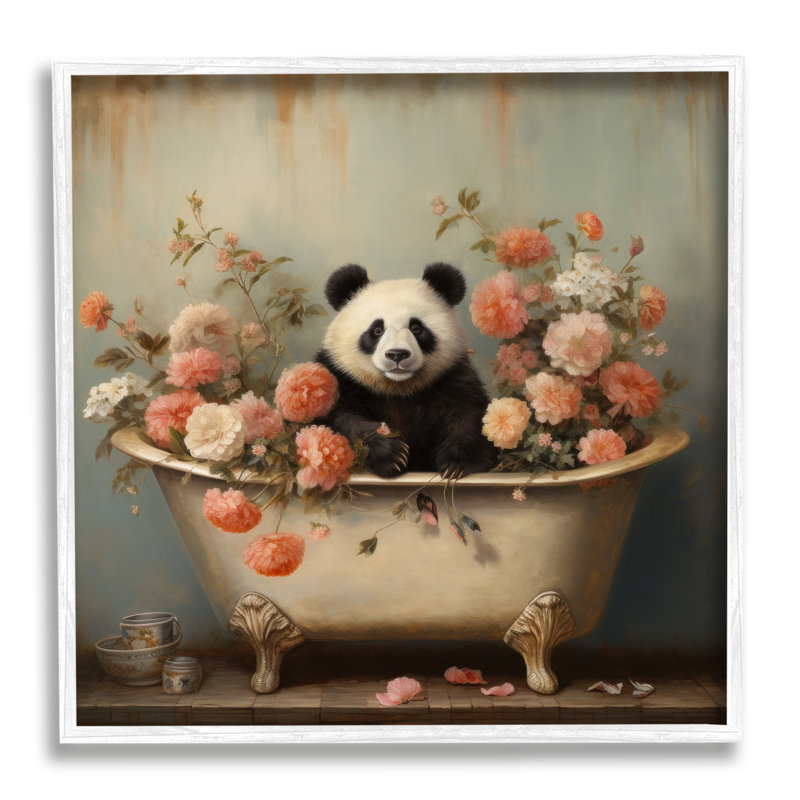 «Panda Bathaign & Blooms», reproduction de photo sur toile, Giclée encadrée blanc bord de mer, H 24 po x l 24 po