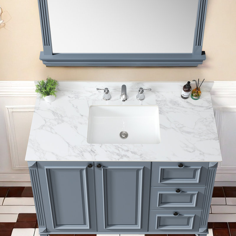 Comptoir de salle de bain en pierre frittée 49 po x 22 po - Blanc, lavabo rectangulaire encastré en céramique, et fascinant, 3 trous de robinet, convient à une armoire de l 48 po x P 21 po, installation facile avec meuble-lavabo à dosseret