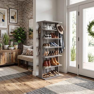 Étagère à chaussures verticale à 7 niveaux avec crochets, tour de rangement pour chaussures peu encombrante pour vestibule - peut contenir 12 à 14 paires, assemblage facile, range-chaussures étroit pour placard, couloir, vestibule