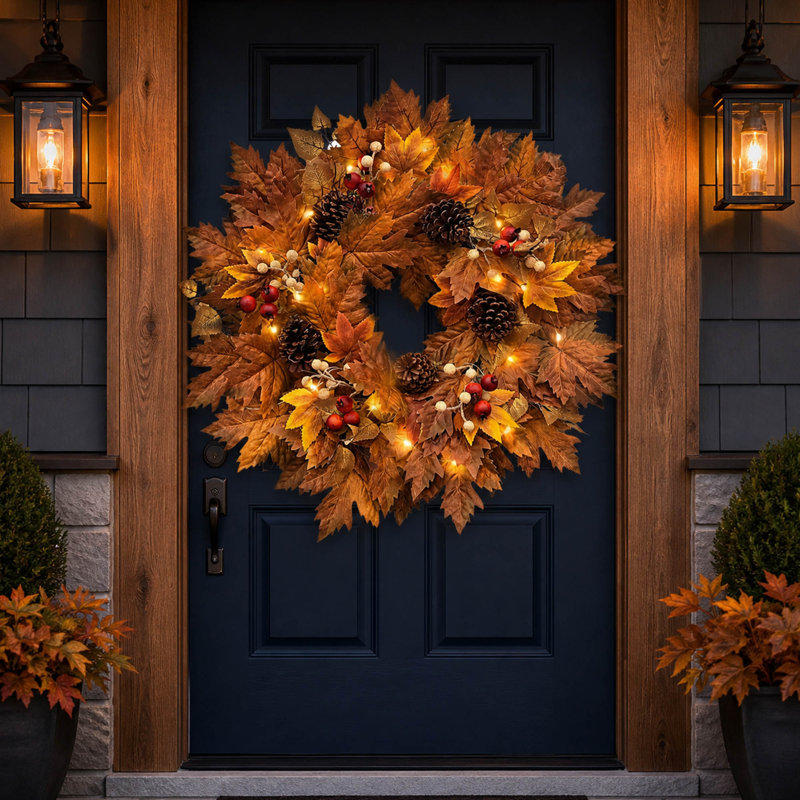Pre-Lit Maple Leaf Fall Wreath with Pinecones and Berries