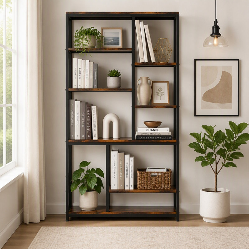 Étagère bibliothèque décalée rustique marron extra haute à 8 niveaux (78,7 po) avec 8 tablettes de rangement