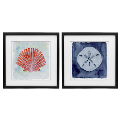Ensemble de 2 impressions encadrées sous le verre Peach Scallop & Sand Dollar, par Patti Bishop