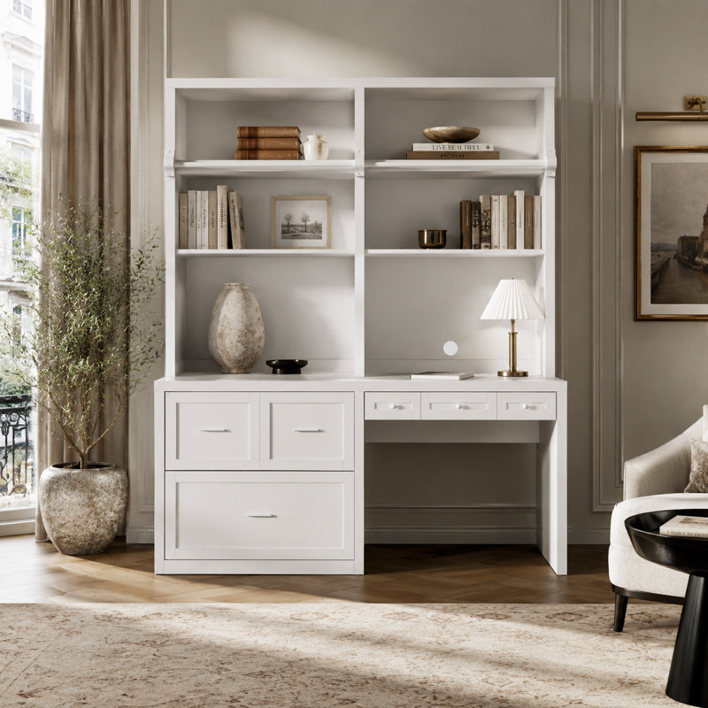 Bureau Ziggie blanc de 196 cm de large avec tablette supérieure, meuble mural pour bureau à domicile avec étagères ouvertes, tiroirs et trousse anti-basculement