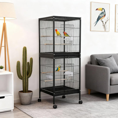 55" Double Wrought Iron Bird Cage with Stand, Casters & Accessories