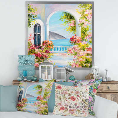 Maison traditionnelle grecque avec des fleurs roses - Peinture sur toile