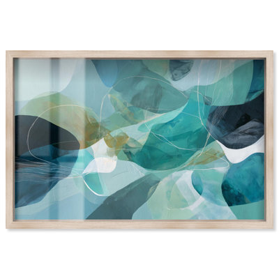 «Oceanic Hues I Shadowbox Print Blue Abstract Decor» par Art Remedy, cadre blond, 25 x 17