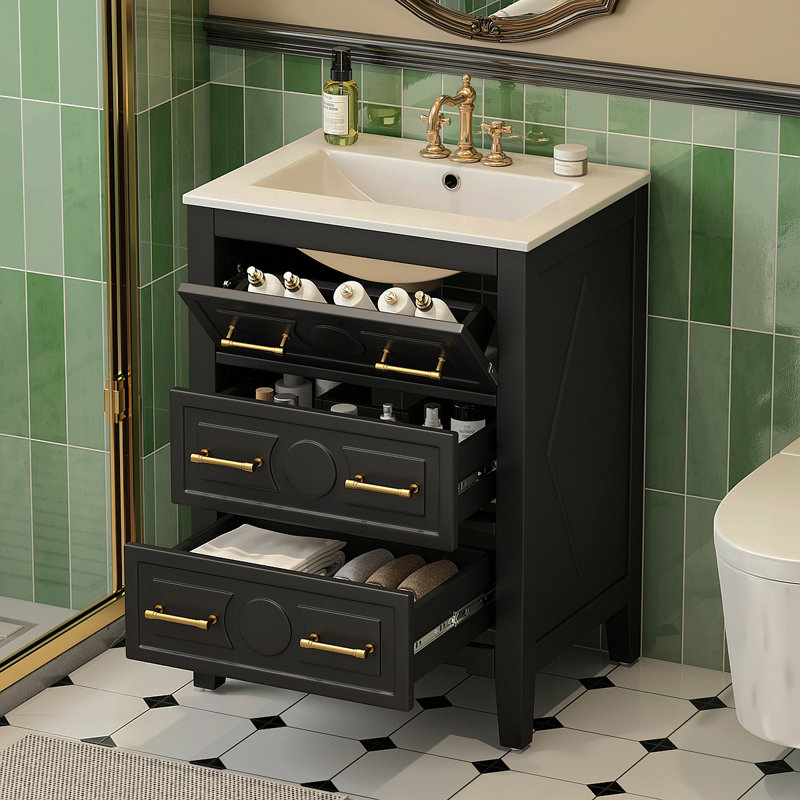 24'' Bathroom Vanity With Ceramic Sink Combo, Free Standing Single Vanity Set With 3 Drawers, Solid Wood Frame Bathroom Storage Cabinet