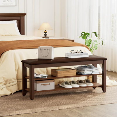 Solid Wood Shoe Storage Bench with Cushion, Flip-Top Compartment and Adjustable Shelf