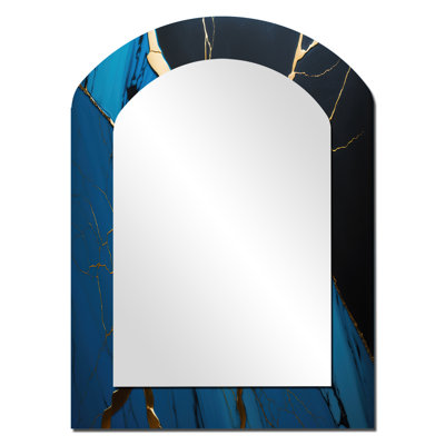 «Abstract Geode Blue II» - miroir mural arqué en marbre, miroir décoratif asymétrique moderne, impression d'art en métal