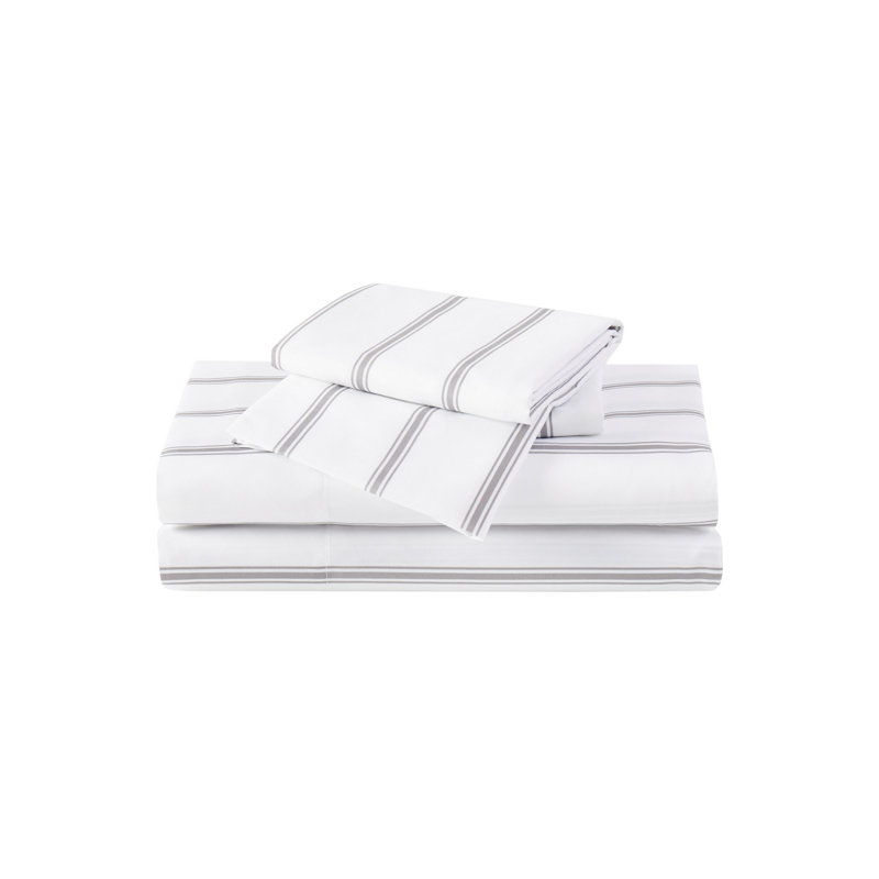 Ensemble de draps à rayures, Ensemble de draps pour lit simple avec un drap-hou, Blanc / Gris