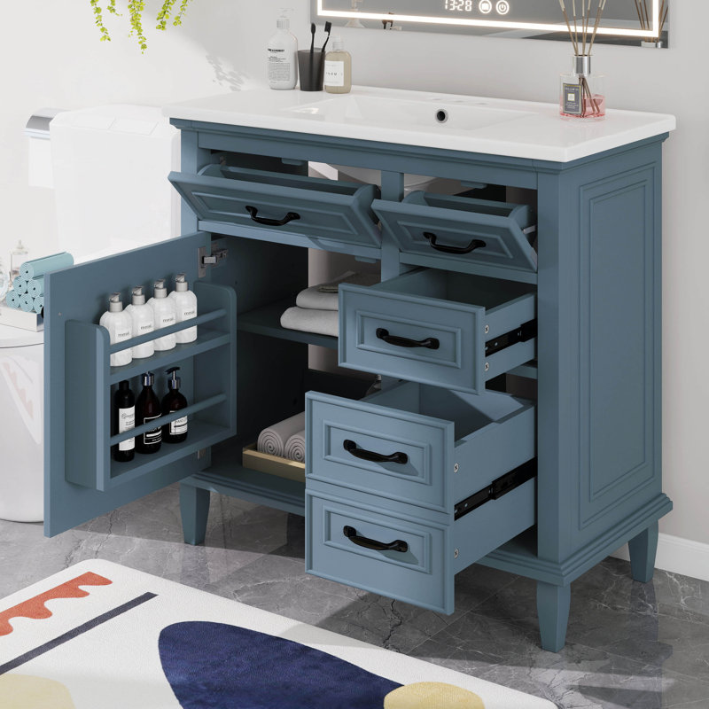 Meuble-lavabo 36 po avec lavabo, meuble-lavabo simple avec armoire, 2 tiroirs rabattables, 2 tiroirs et tablette réglable