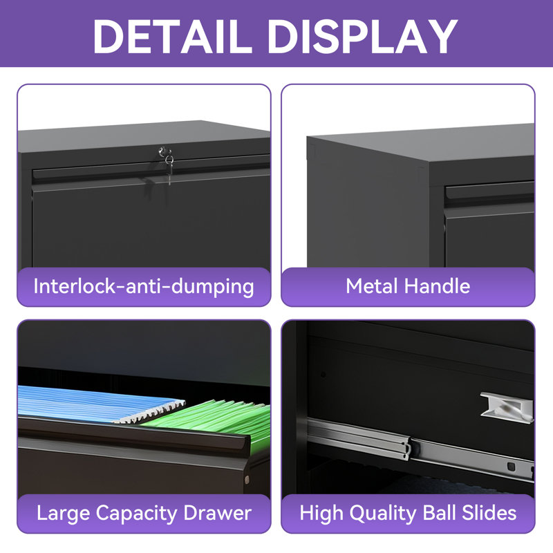 2-Drawer Lateral Filing Cabinet, Compact Wide Storage with 110lbs Capacity, Full-Extension Drawers & Safety Lock, Black