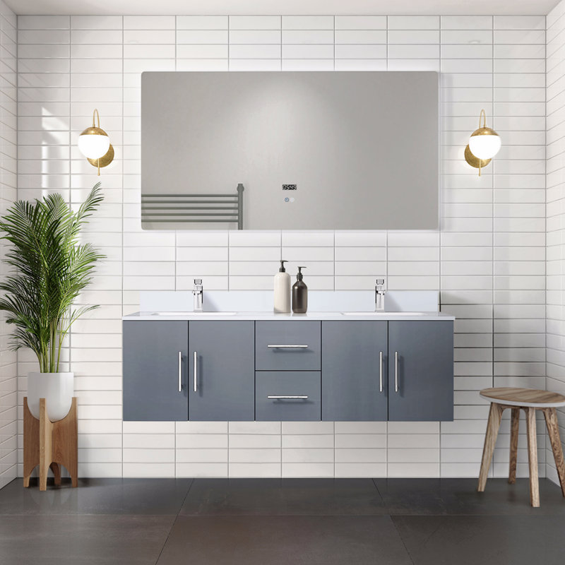 Meuble-lavabo double 22 po D, avec plateau en marbre de culture, Gris, 60"