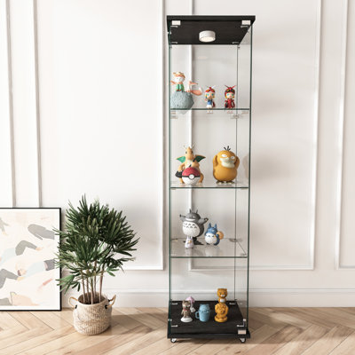 Vitrine moderne à 1 porte et 4 tablettes avec lumières à DEL, bibliothèque trempée, à assemblage rapide pour le salon et la chambre à coucher, noire, H 63,87 po x L 16,65 po (l) 13,97 po, support de charge 45 livres Par