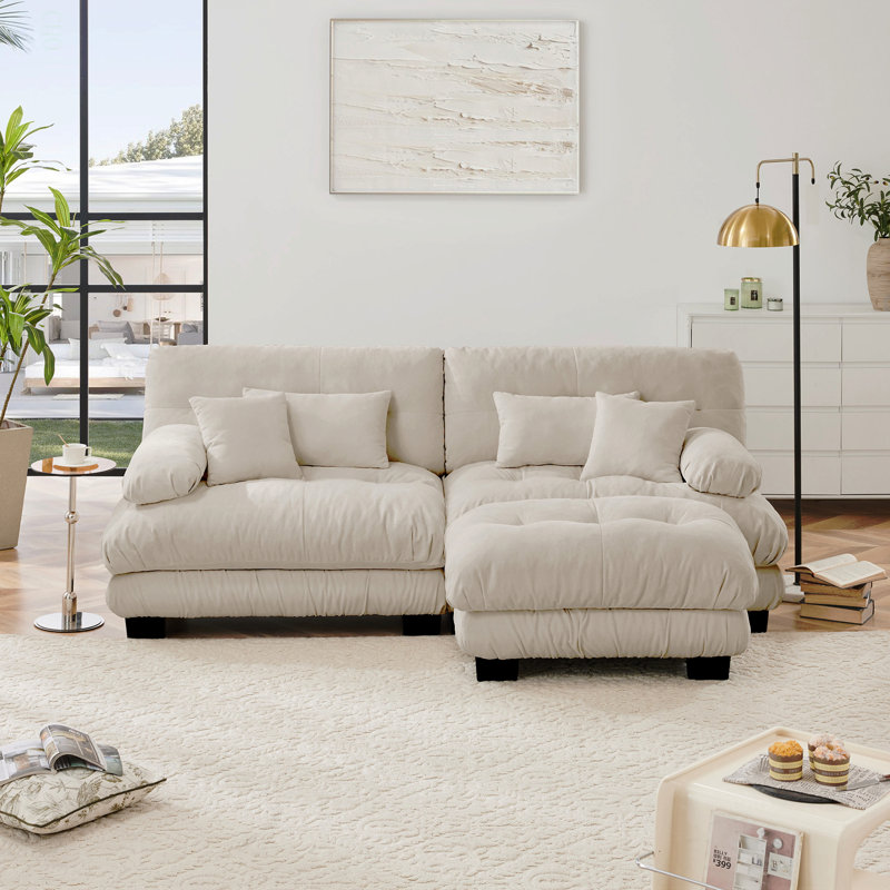 Cloud Couch Sectional Sofa For Living Room, Chenille 2 Seater Sofa With 2 Lumbar Pillows And 2 Throw Pillows , Upholstered Wide Arm Sofa With Convertible Ottoman,Chenille Light Coffee