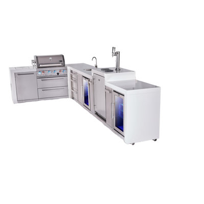 Mont Alpi Premium 4 brûleurs 82 "x161" en forme de L 400 îlot de cuisine en acier inoxydable modulaire barbecue en plein air barbecue + robinet de centre de boisson et évier + réfrigérateur / réfrigérateur + couvercle + ensemble de rôtisserie