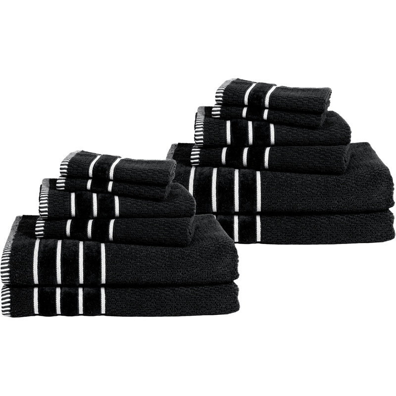 6-Piece 100% Cotton Towel Set - with 2 Bath Towels, 2 Hand Towels, and 2 Washcloths, Black, 12 pieces