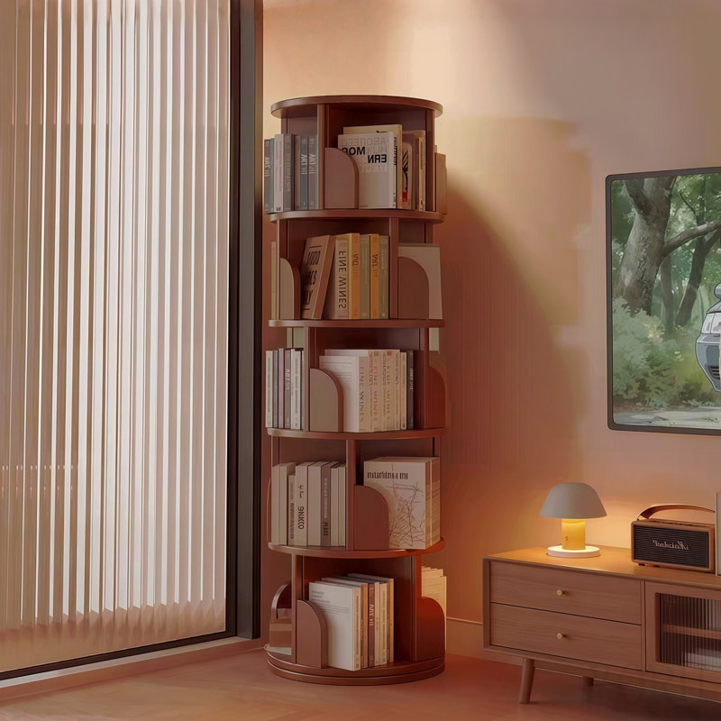 Bibliothèque rotative à 5 niveaux, bibliothèque rotative à 360 °, peu encombrante, petite bibliothèque rotative pour chambre à coucher, salon, maison, bureau, noyer