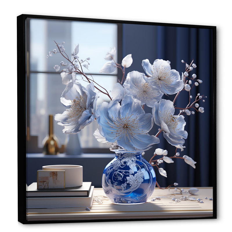 Arrangement de fleurs d'hibiscus bleu azur sur toile, Cadre flottant noir, H 36 po x l 36 po
