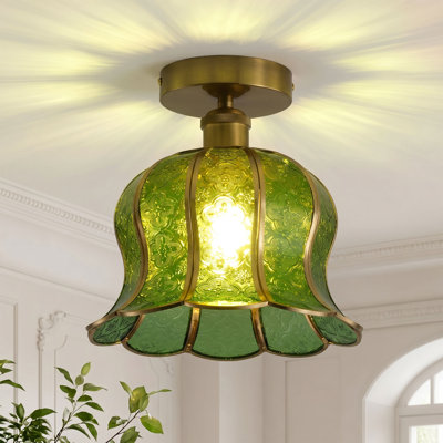 1-Light Modern Vintage Polished Brass Flush Mount Ceiling Light with Textured Glass Shade
