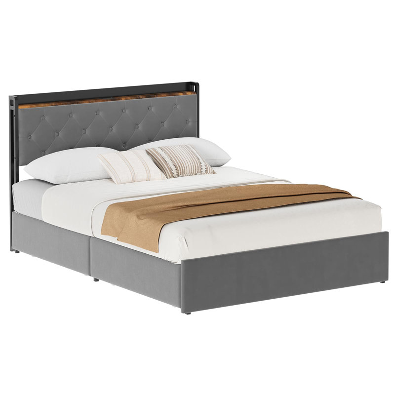 Cadre de grand lit avec tête de lit et rangement, cadre de grand lit avec 4 tiroirs, Grand