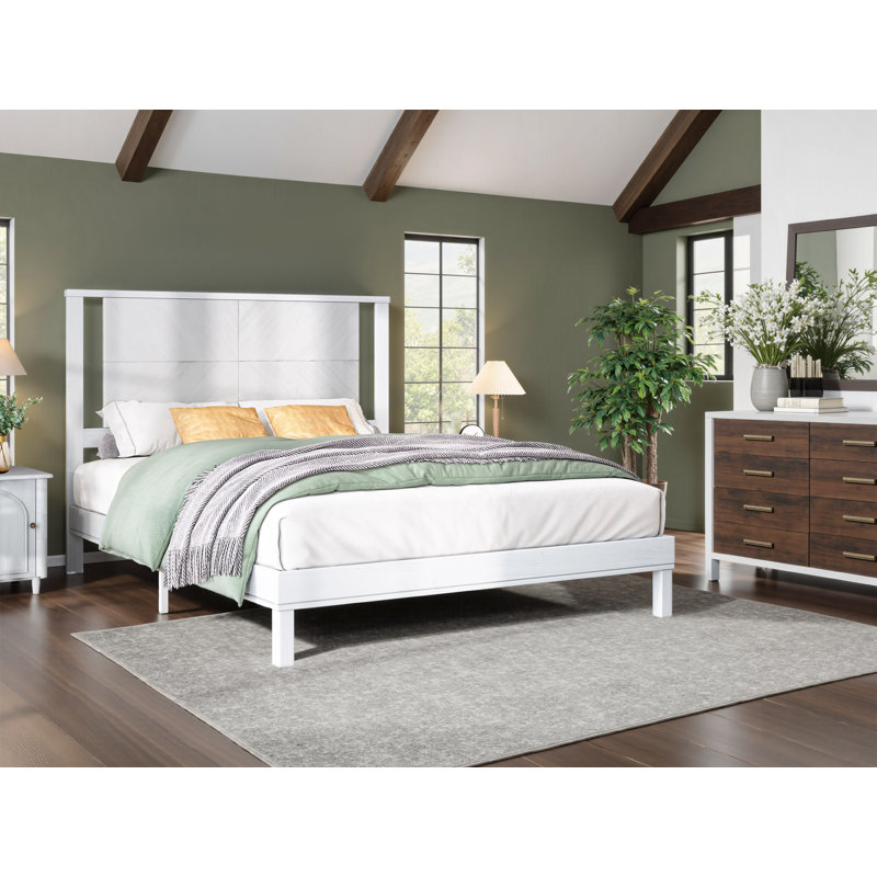 Mid-century Modern Queen Size Solid Wood Bed Frame, White, White