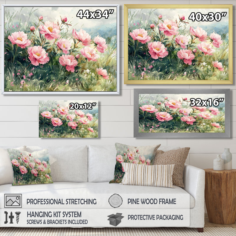 Melvina, pivoines et prairie d'été I - pivoines, art mural, Impression encadrée flottante, H 16 po x l 32 po, Crème, crème