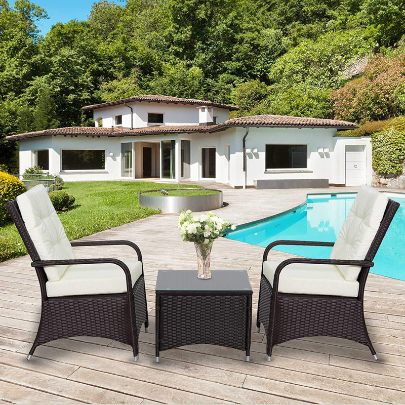 Alessia Rattan 3PCs Chair Table Bistro Set Patio Set w/ Steel Frame, White, Brown