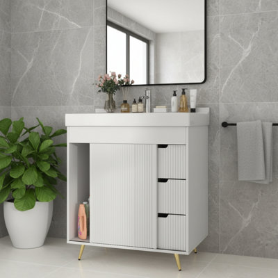 White Bathroom Vanity With Ceramic Sink + Faucet + Three Drawers