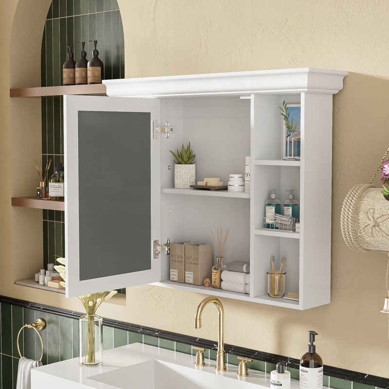 Armoire de rangement murale 35 po x 28 po avec porte miroir, Blanc