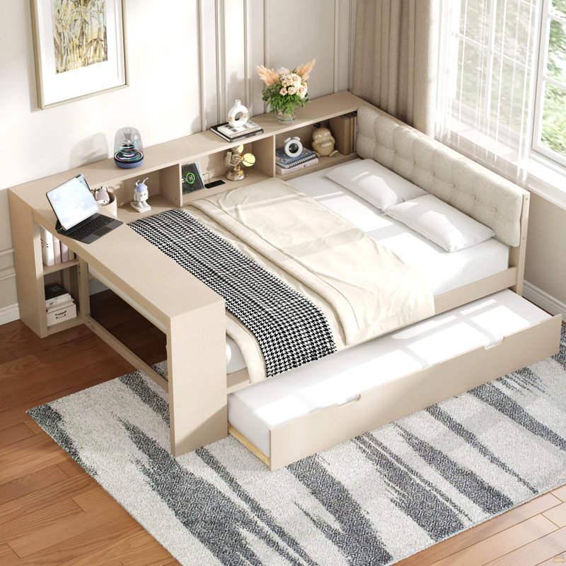 Lit plateforme double en bois avec tablettes de rangement, lit gigogne et station de charge, Lit double, Crème