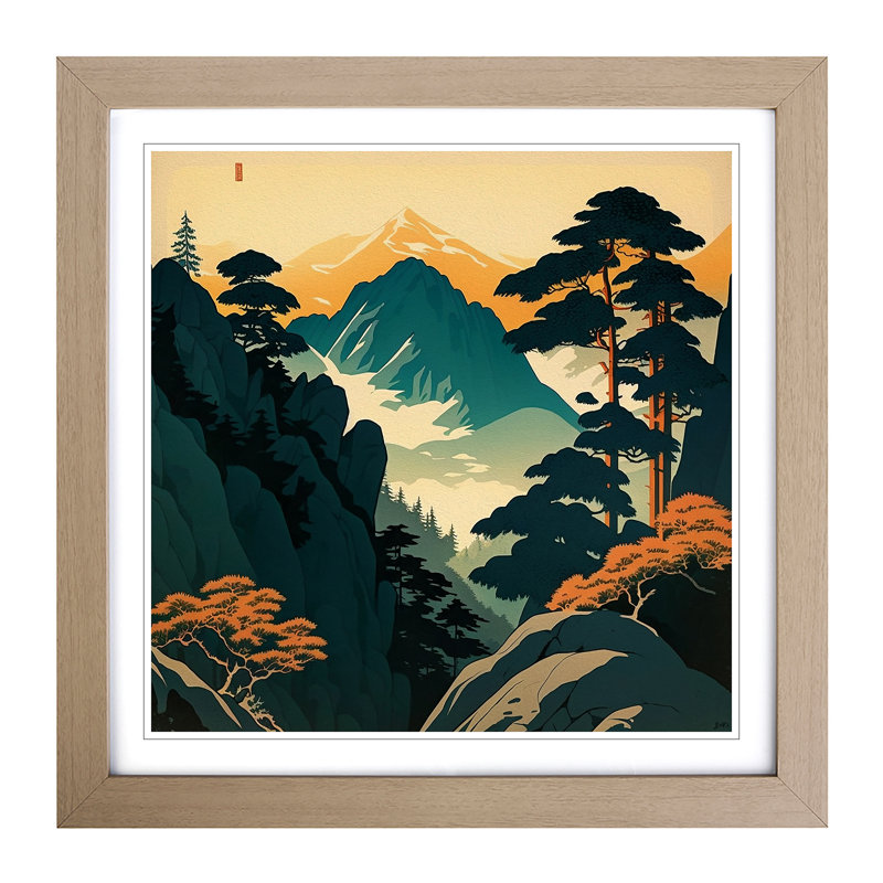 Japanese Mountains Mid-Century - Framed Print, Oak