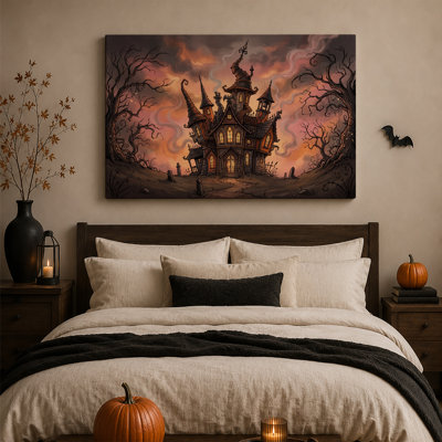 Manoir gothique hanté sous une toile murale rose et orange d'Halloween