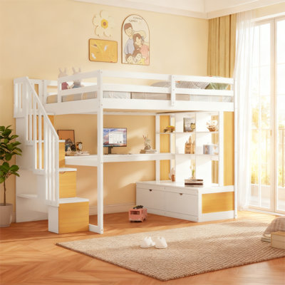 Lit mezzanine double avec bureau, tablettes de rangement, tiroirs et escalier de rangement, structure en bois massif
