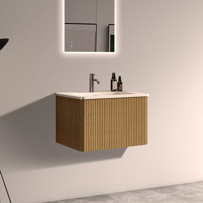 24" Striped Oak Bathroom Vanity with Ceramic Sink, Wall Mounted Floating Bathroom Vanity for Bathroom