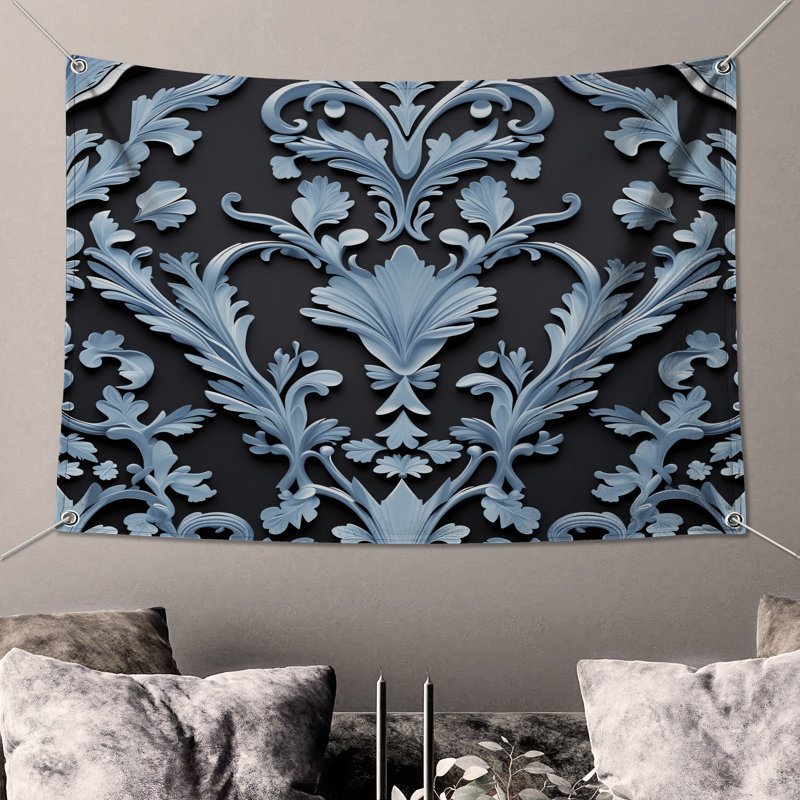 Blue Floral Damask Wall Tapestry - Floral Wall Decor, 104in H x88 with 4 Grommets