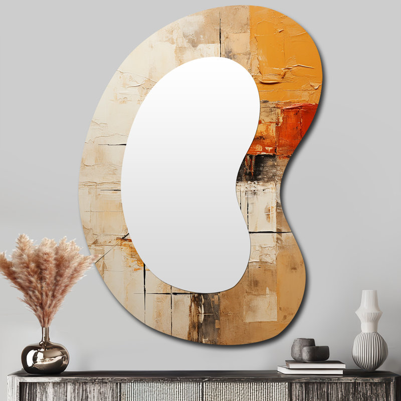 Geovanny Yelow Orange Abstract Fractal Impressions - Fractals Irregular Shape Mirror, Yellow Asymmetrical Decorative Wall Mirror, Printed Metal Art