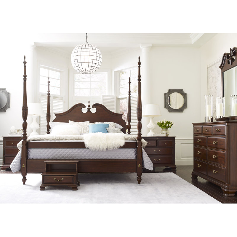 Solid Wood Four Poster Bed with Carved Posts & Headboard, King
