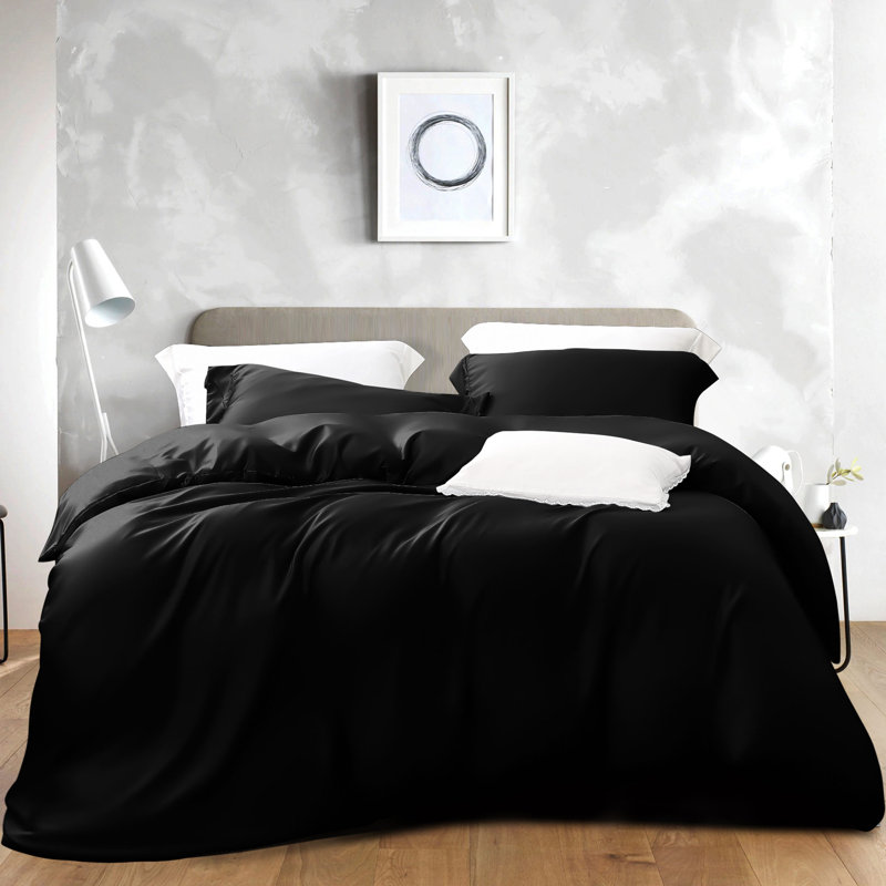 3 Pieces Duvet Cover Set, Satin Comforter Cover Set with Hidden Zipper Design - NTBAY, King Duvet Cover + 2 Shams, Black
