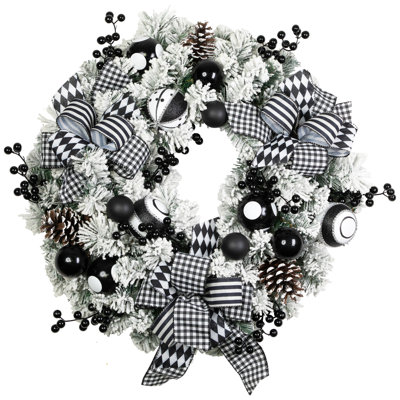Couronne de Noël en pin floqué avec des arlequins et des ornements - 24 po - non éclairé